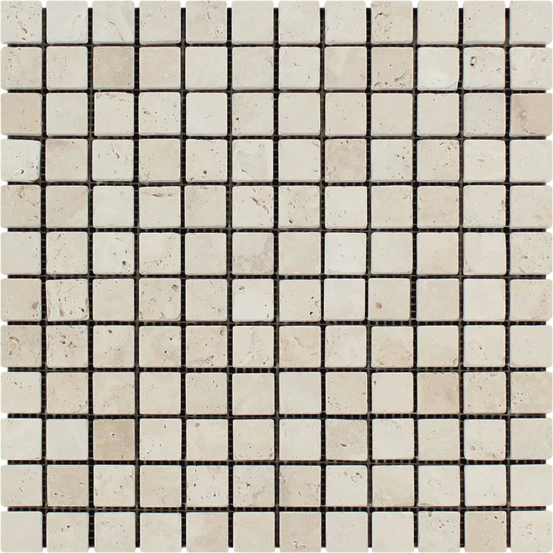 Ivory Travertine 1x1 tumbled mosaic tile sheet