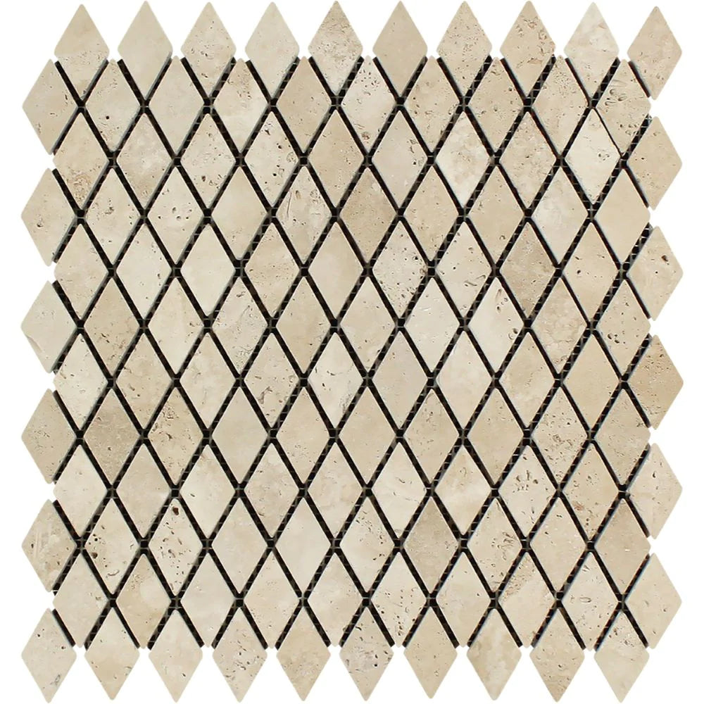 Flat view of Ivory Travertine 1x2 Tumbled Herringbone Mosaic on 12x12 mesh