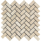 Flat view of Ivory Travertine 1x2 Tumbled Herringbone Mosaic on 12x12 mesh