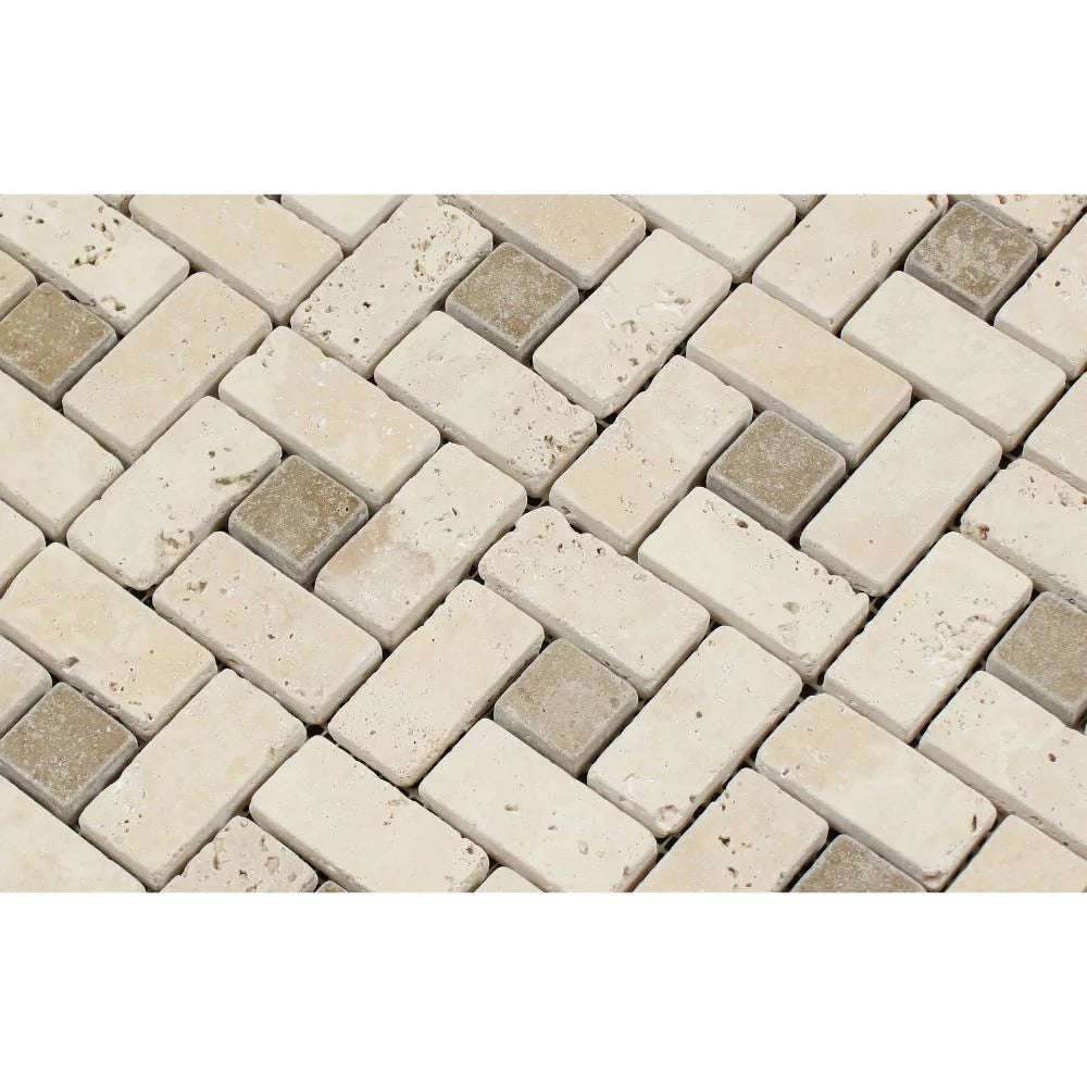Close-up of Ivory Travertine mosaic showing tumbled texture and creamy beige tones