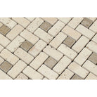 Close-up of Ivory Travertine mosaic showing tumbled texture and creamy beige tones