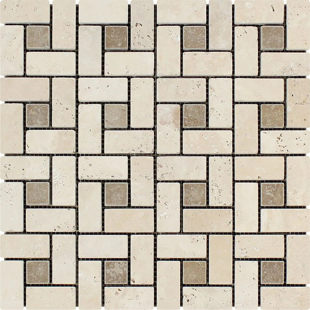Flat view of Ivory Travertine 1x2" Tumbled Pinwheel Mosaic, 12"x12" mesh sheet