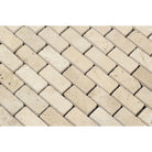 Close-up of Ivory Travertine 1x2 Mosaic showing natural color variation and texture
