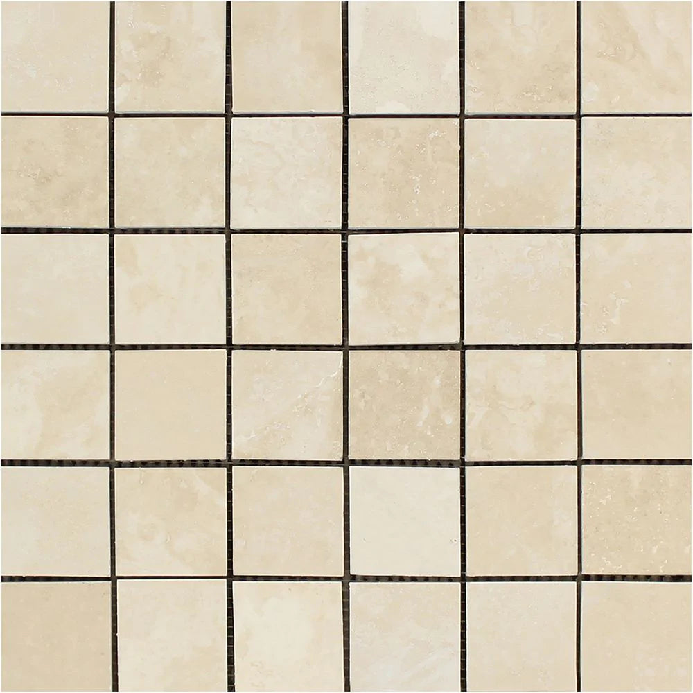 Flat view of Ivory Travertine 2x2 Mosaic Tile in honed finish, mesh-mounted sheet