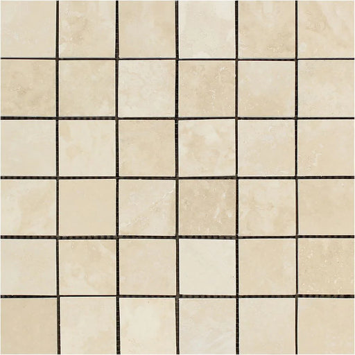 Flat view of Ivory Travertine 2x2 Mosaic Tile in honed finish, mesh-mounted sheet