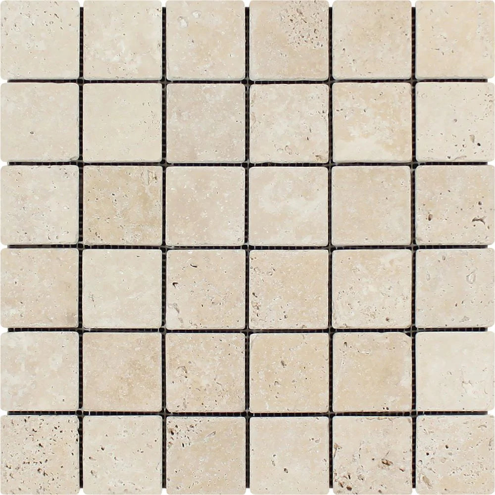 Ivory Travertine 2x2 Tumbled Mosaic mounted on mesh sheet"