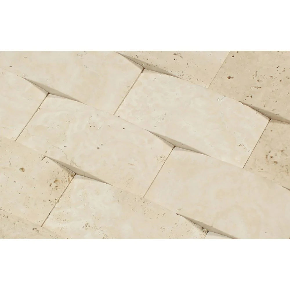Close-up of Ivory Travertine 2x4 arched basketweave mosaic showing smooth matte surface