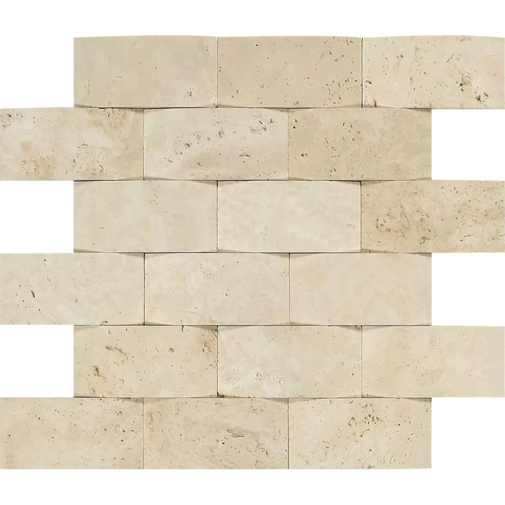 Flat view of Ivory Travertine Arched Basketweave Mosaic 2x4 in honed finish, 12x12 mesh-mounted sheet