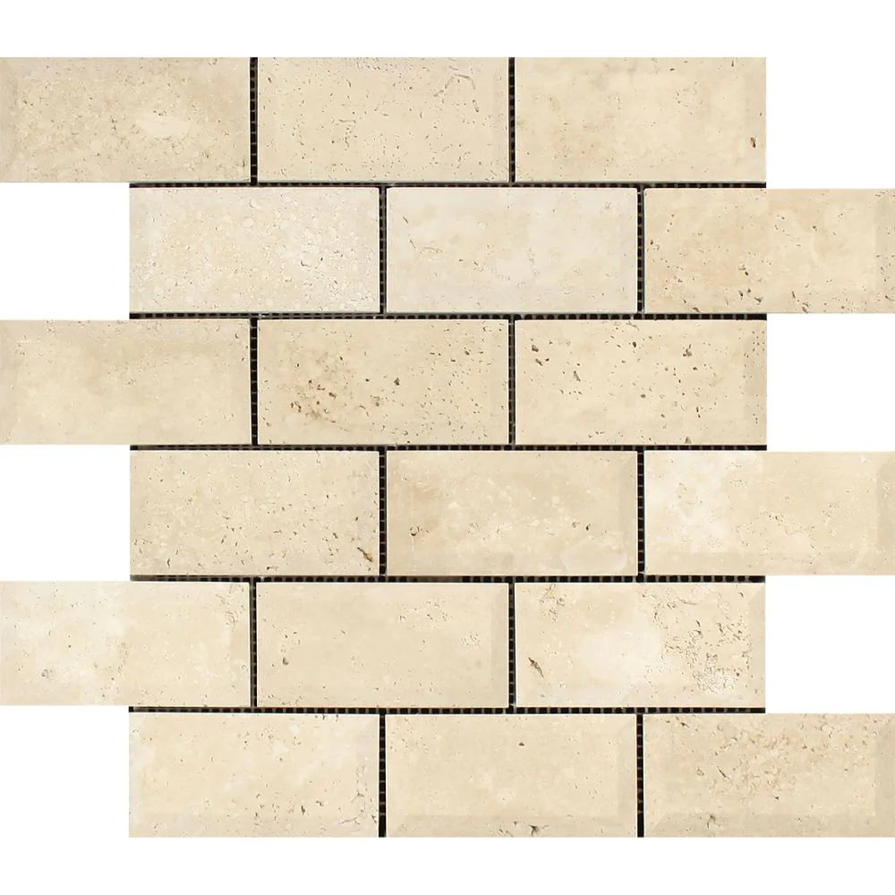 Flat view of Ivory Travertine 2x4 Deep Bevelled Mosaic in honed finish