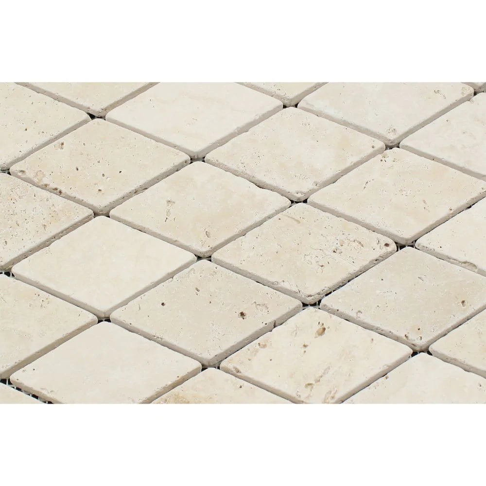 Flat view of Ivory Travertine 2x4 Diamond Mosaic in tumbled finish, 12x12 sheet