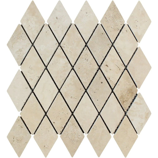 Close-up of Ivory Travertine Diamond Mosaic showing tumbled surface and rustic texture