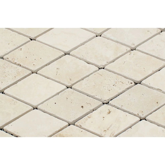 Flat view of Ivory Travertine 2x4 Diamond Mosaic in tumbled finish, 12x12 sheet