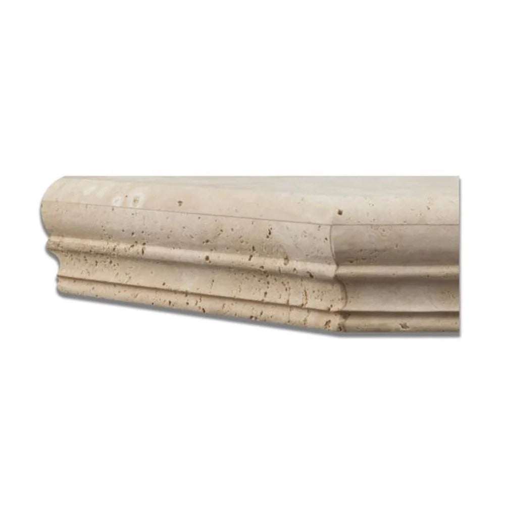 Close-up of custom corner shelf showing ivory travertine texture