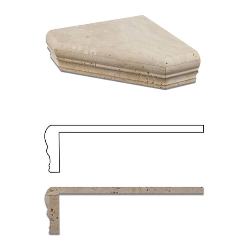 Flat view of Ivory Travertine Custom Corner Shelf with honed or tumbled finish