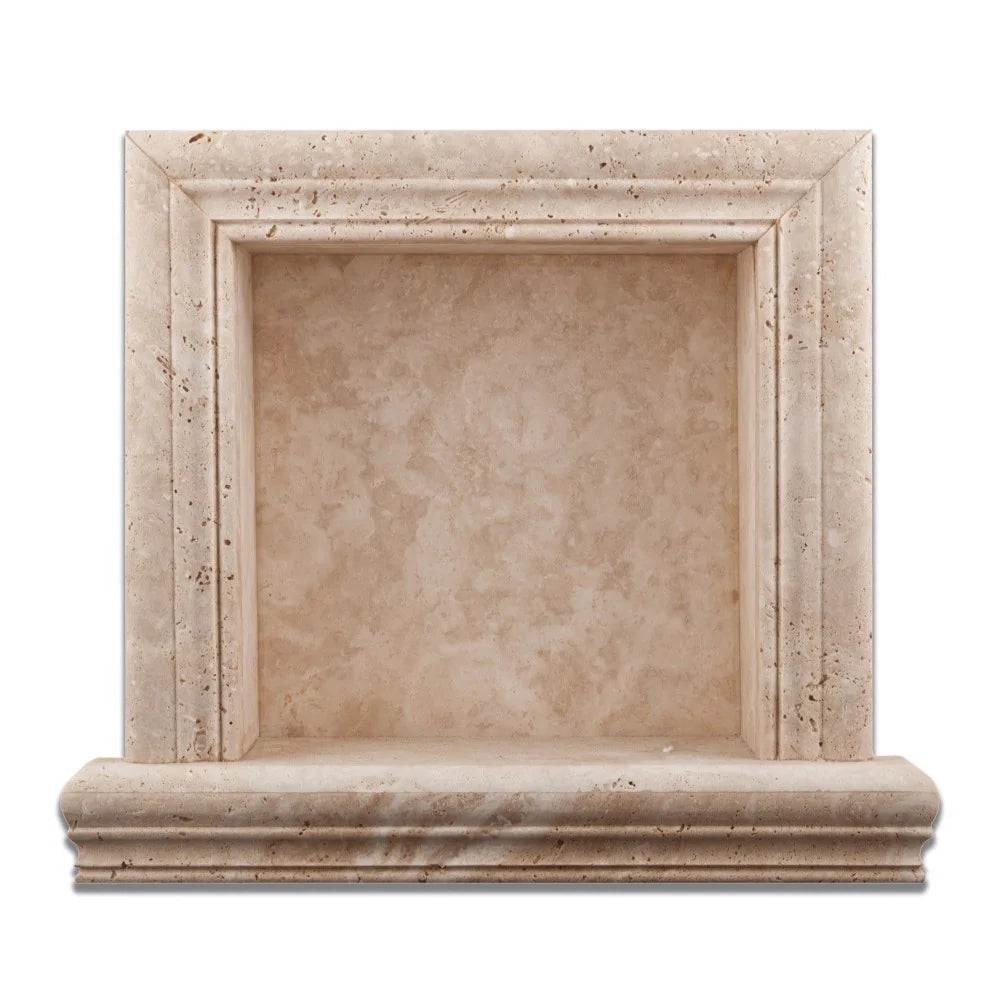 Close-up of Ivory Travertine Shampoo Niche showing natural veining and stone texture