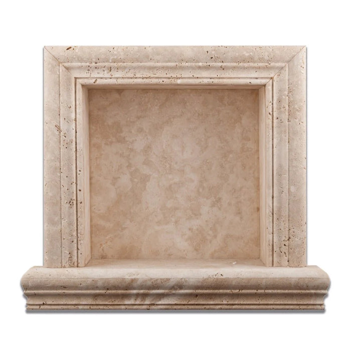 Close-up of Ivory Travertine Shampoo Niche showing natural veining and stone texture