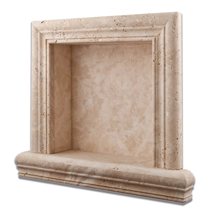 Ivory Travertine Custom Shampoo Niche flat view with smooth surface and tumbled finish