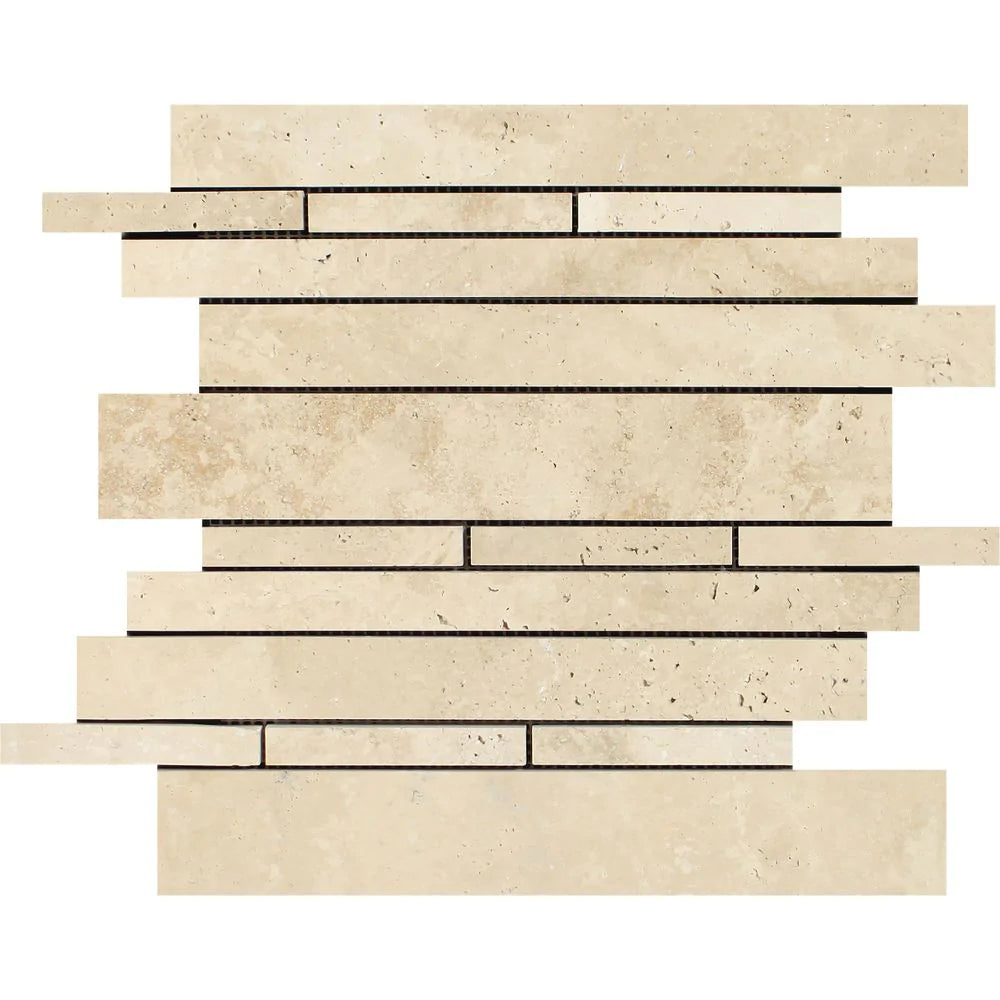 Flat view of Ivory Travertine Honed Random Strip Mosaic on 12x12 mesh
