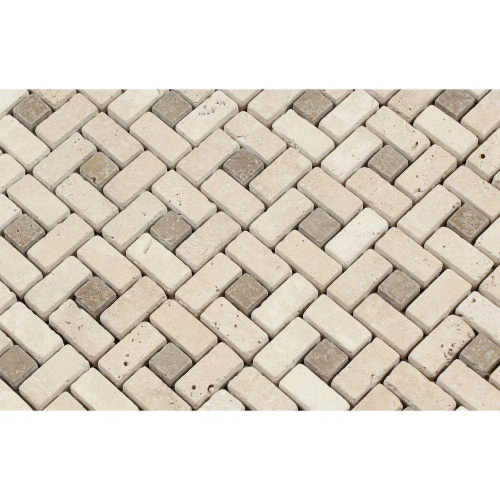 Close-up view of Ivory Travertine Pinwheel Mosaic showing rustic texture