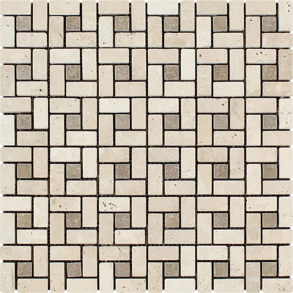 Ivory Tumbled Pinwheel Travertine Mosaic 5/8x1
