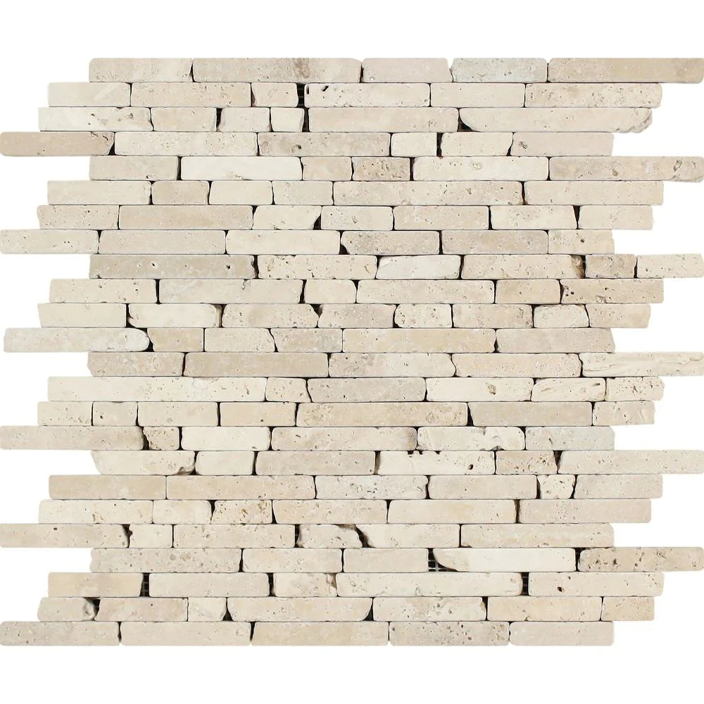 Flat view of Ivory Travertine Random Strip Tumbled Mosaic on 12x12 mesh