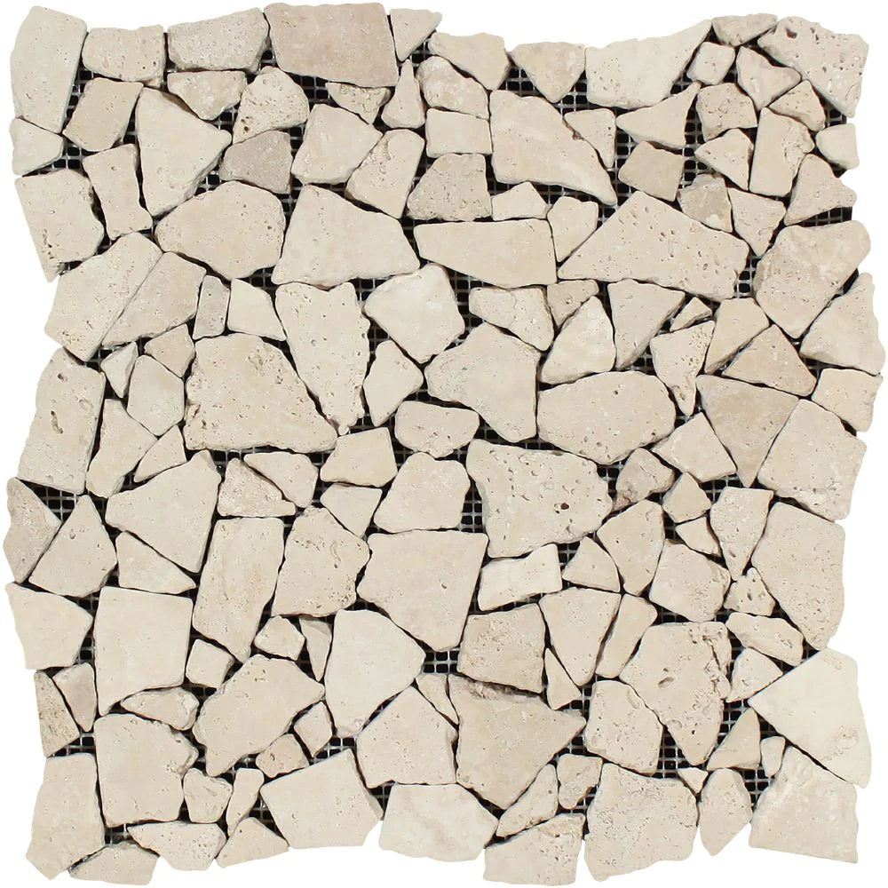 Flat view of Ivory Travertine Random Tumbled Mosaic on 12x12 mesh