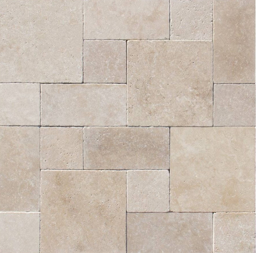 Ivory Travertine Pavers in Roman Pattern with tumbled finish
