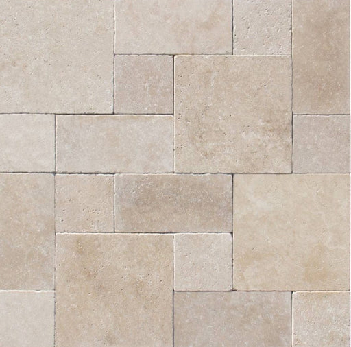 Ivory Travertine Pavers in Roman Pattern with tumbled finish
