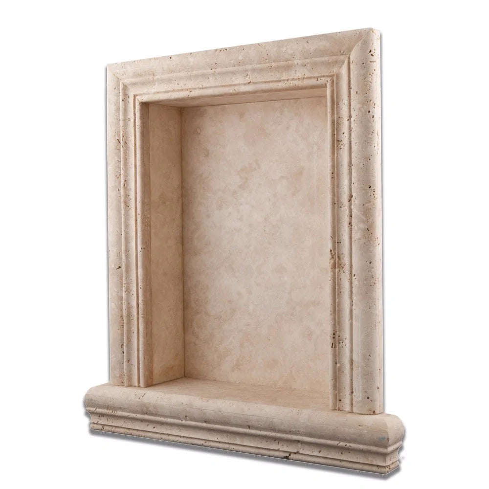 Flat view of Ivory Travertine Custom Shampoo Niche Grande with smooth honed finish
