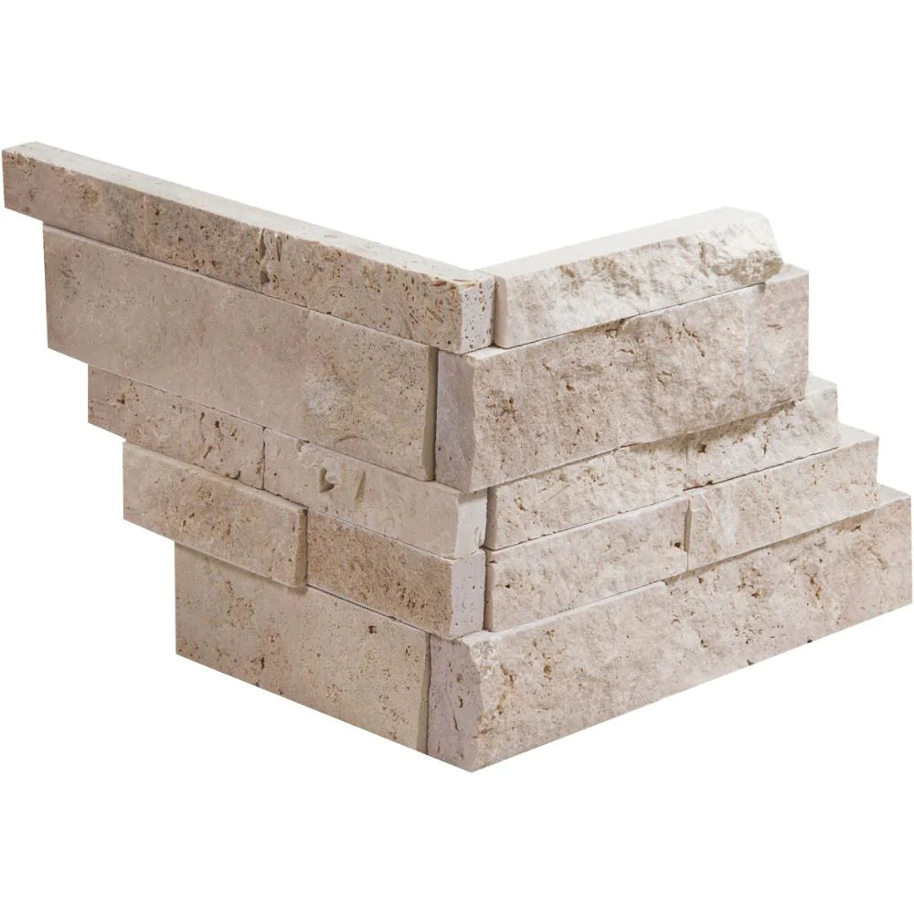 Flat view of Ivory Travertine 6x18 Splitface Ledger Corner with L-shaped format