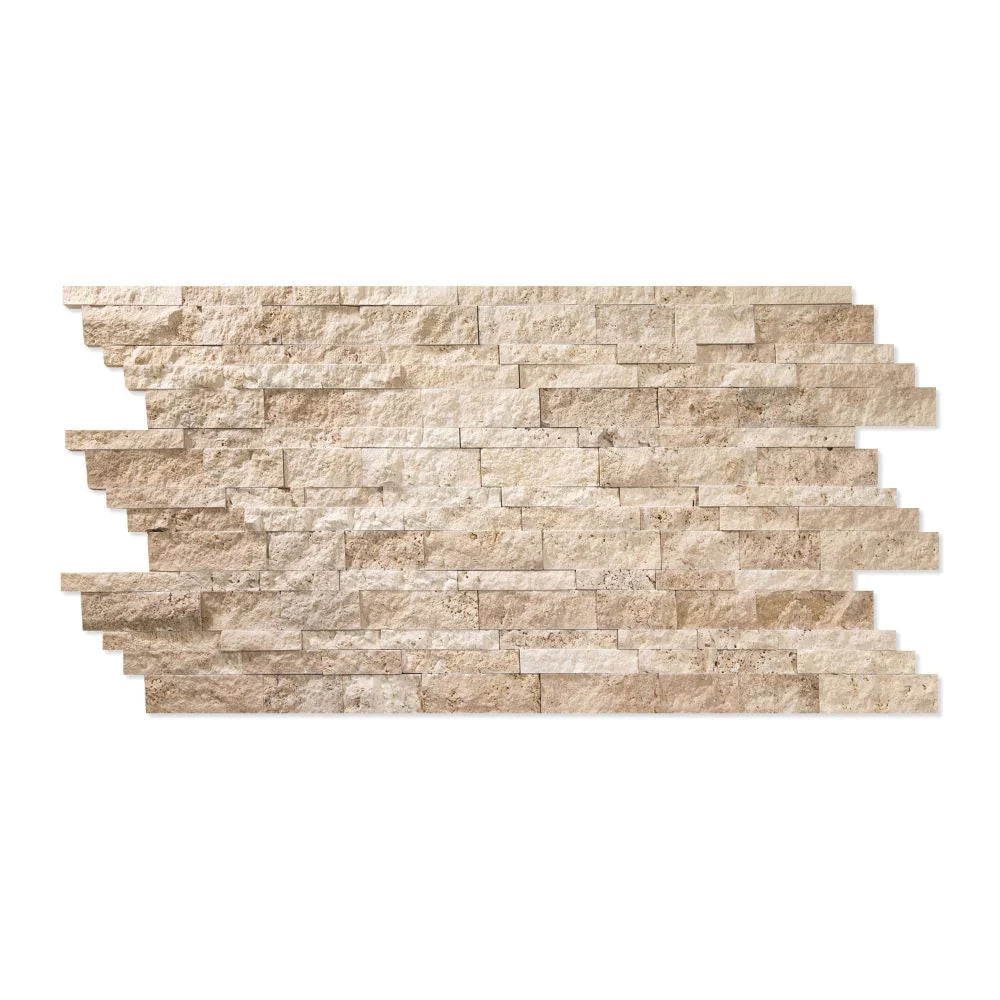 Close-up of splitface finish showing raw travertine surface and cream-tan color