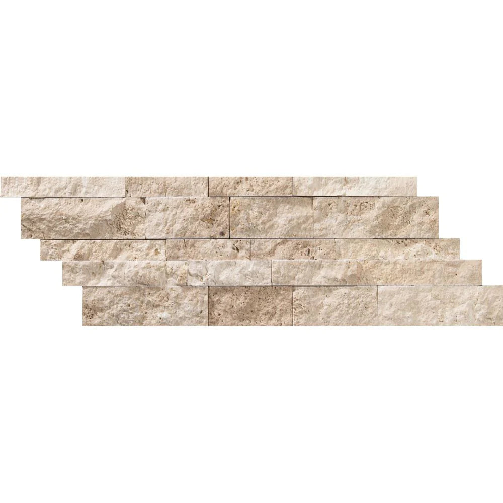 Flat view of Ivory Travertine Splitface Ledger Panel 6x24 with natural texture