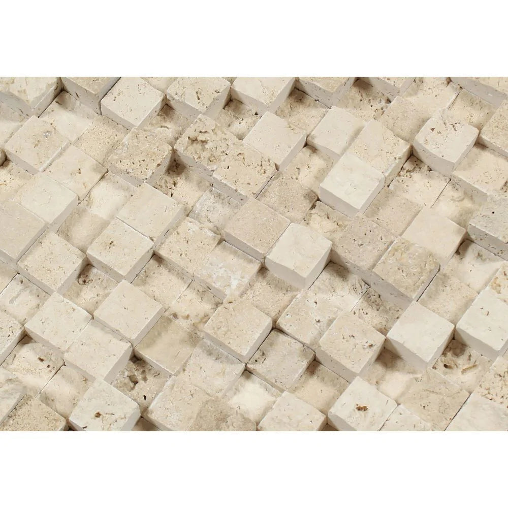 Close-up of 1x1 Ivory Travertine tiles showing textured splitface finish