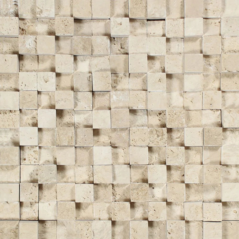 Flat view of Ivory Travertine 1x1 Splitface Mosaic on 12x12 mesh sheet