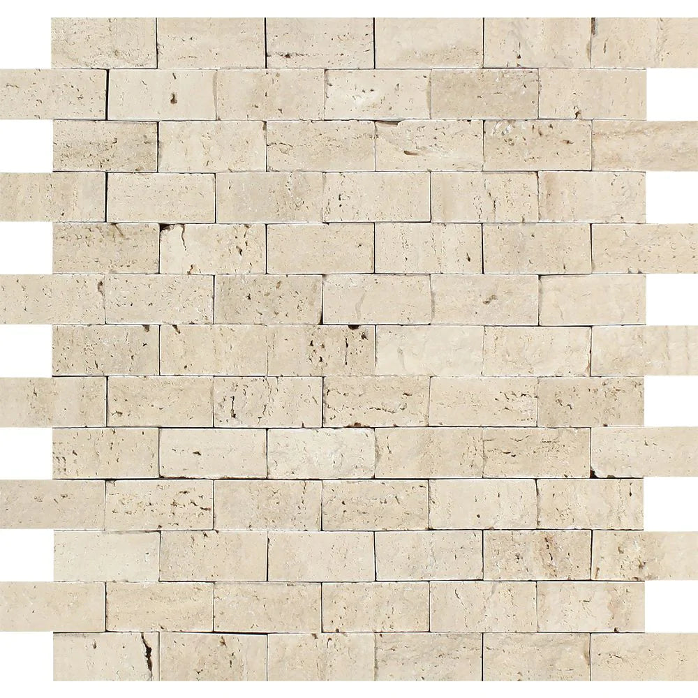Flat view of Ivory Travertine 1x2 Splitface Mosaic on 12x12 mesh sheet