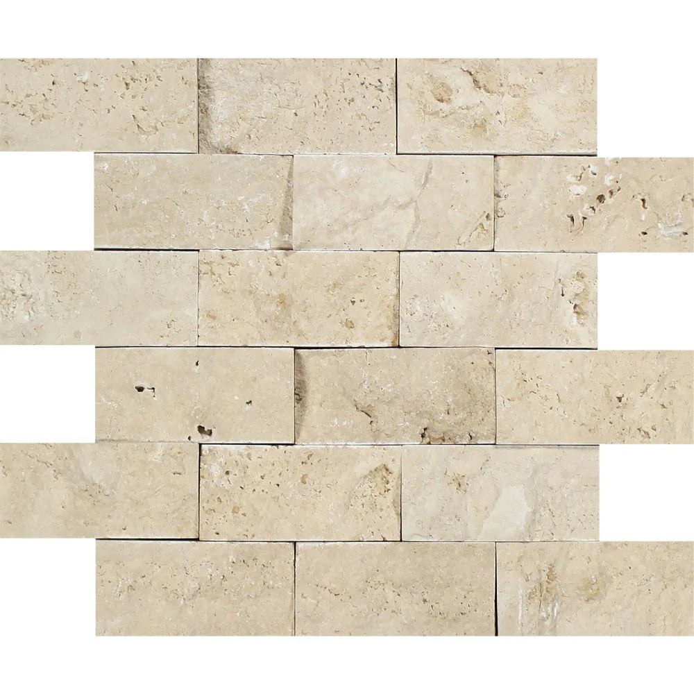 Flat view of Ivory Travertine 2x4 Splitface Mosaic on mesh sheet