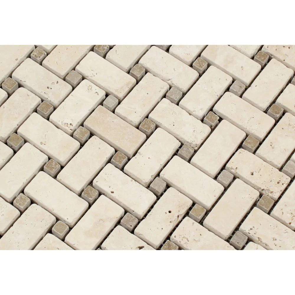 Close-up of tumbled basketweave travertine showing textured surface and soft edges