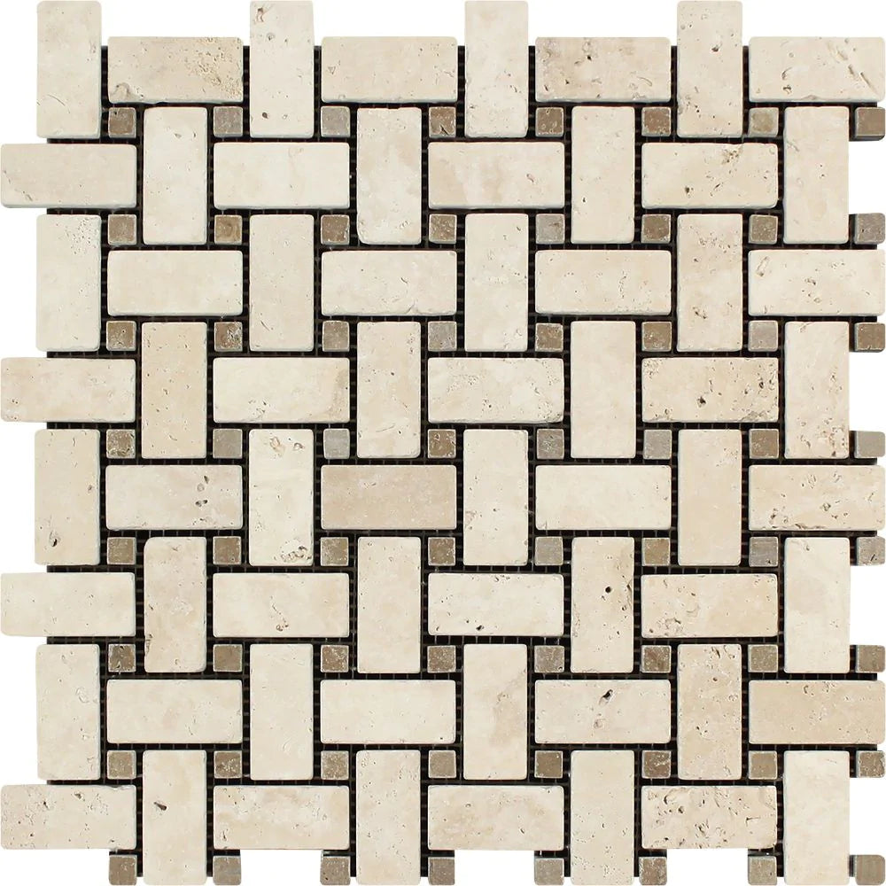 Flat view of Ivory Travertine Tumbled Basketweave Mosaic on mesh sheet