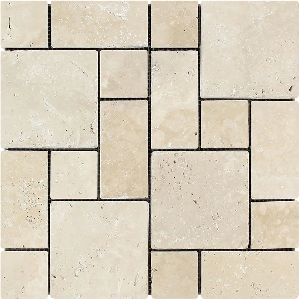 Flat view of Ivory Travertine Tumbled Mini Pattern Mosaic on 12x12 mesh