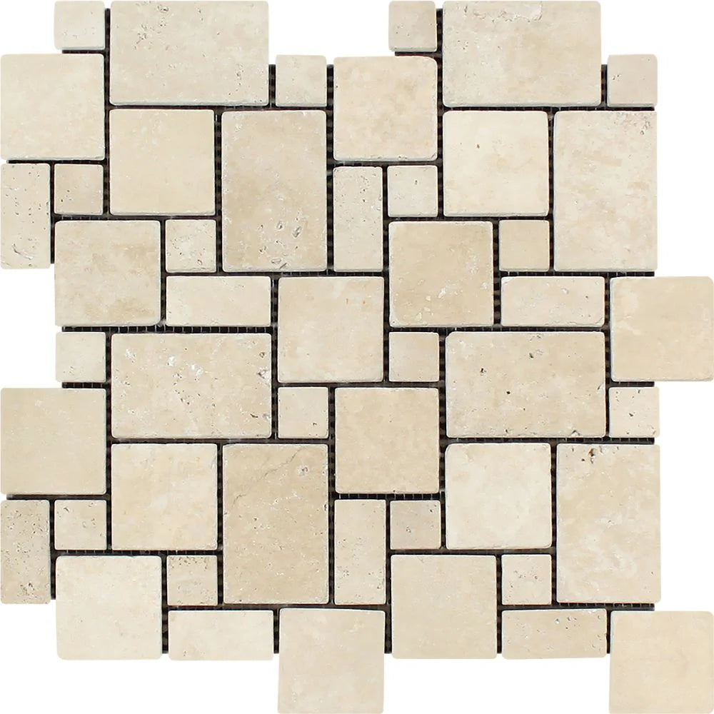 Flat view of Ivory Travertine Tumbled Mini Versailles Mosaic on 12x12 mesh