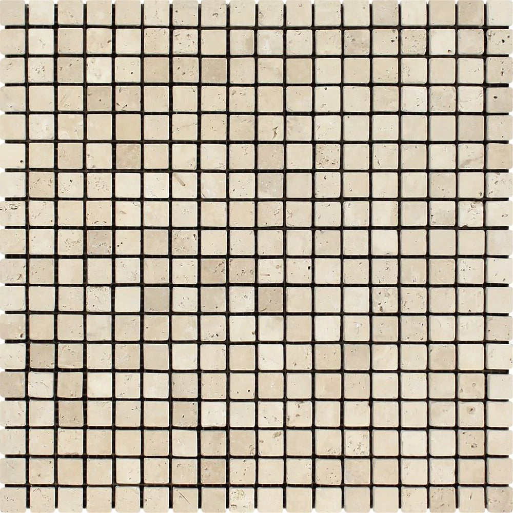 Flat view of Ivory Travertine Tumbled Mosaic 5/8"x5/8", 12x12 mesh sheet with tumbled finish in cream and tan tones