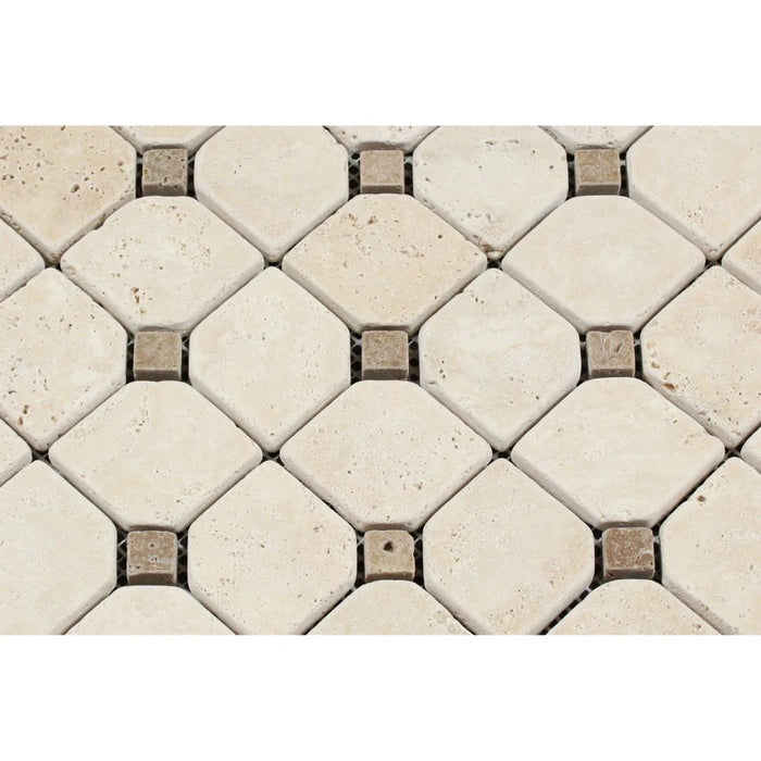 Close-up of octagon travertine tile showing soft tumbled edges and beige tones
