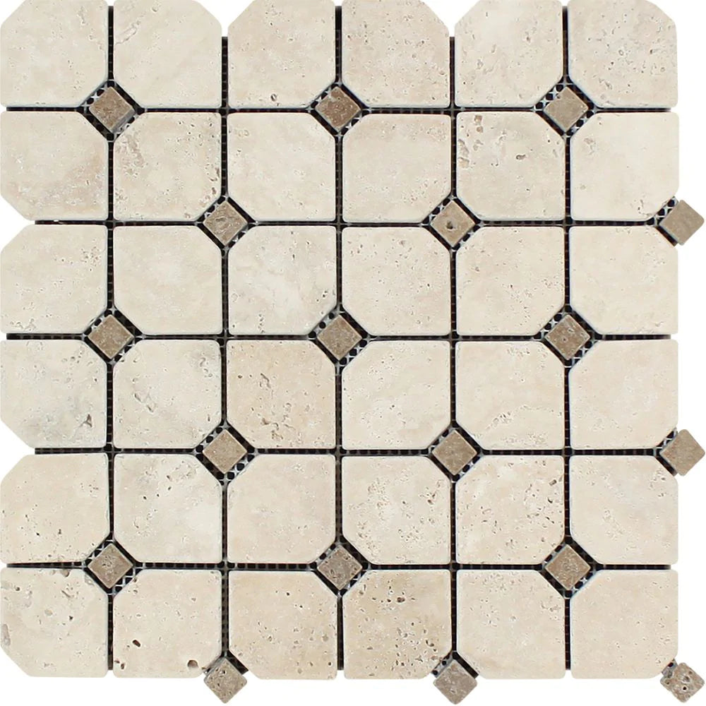 Flat view of Ivory Travertine Tumbled Octagon Mosaic on 12x12 mesh