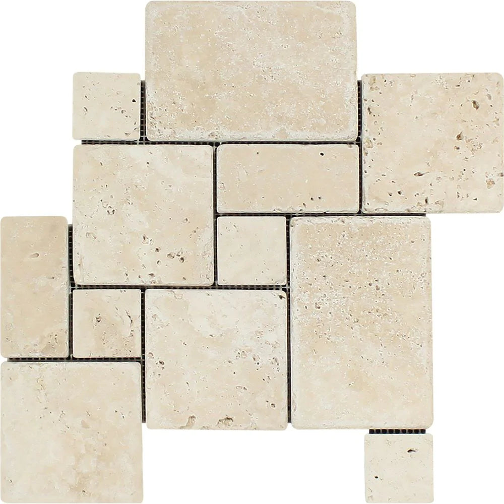 Flat view of Ivory Travertine Tumbled Opus Pattern Mosaic on 12x12 mesh