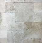 Flat view of Ivory Travertine Versailles Pattern with tumbled finish, full set of sizes