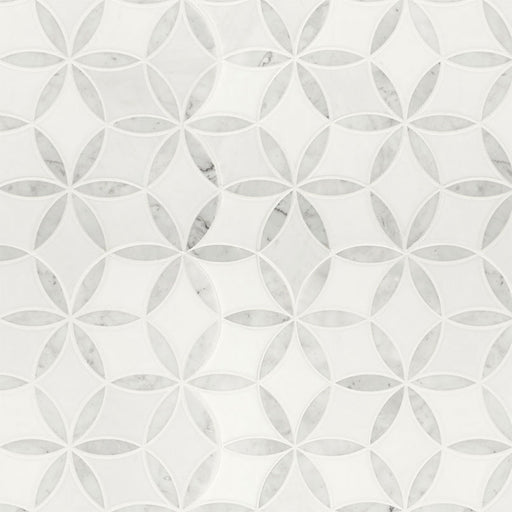 Close-up view highlighting La Fleur’s waterjet floral detailing in polished marble