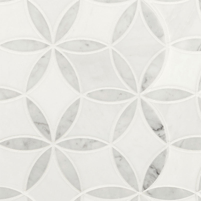 Flat lay of La Fleur waterjet mosaic tile in white and gray polished marble floral pattern