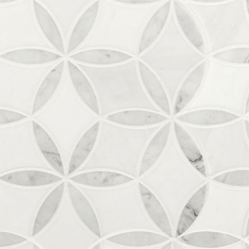 Flat lay of La Fleur waterjet mosaic tile in white and gray polished marble floral pattern