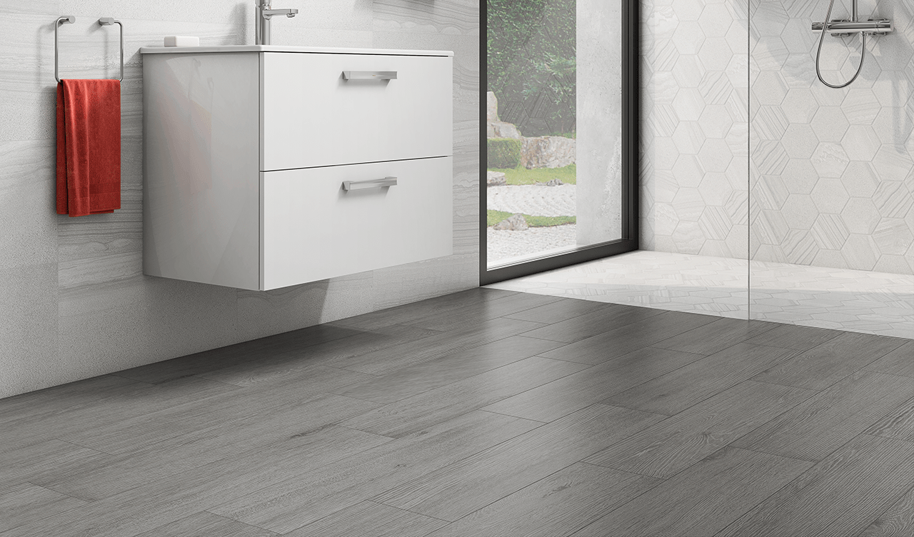 Legend Porcelain Hexagon Tiles installed on bathroom floor and wall