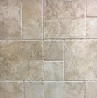 Flat layout of Light Walnut Travertine Versailles Pattern Set in brushed and chiseled finish